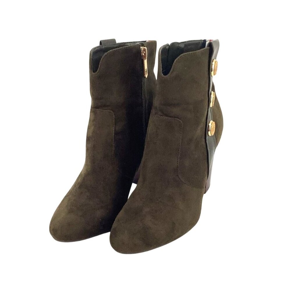 Tommy Hilfiger Womens Heeled Ankle Boots Olive Suede & Leather Gold Button S 8.5 - Picture 1 of 10